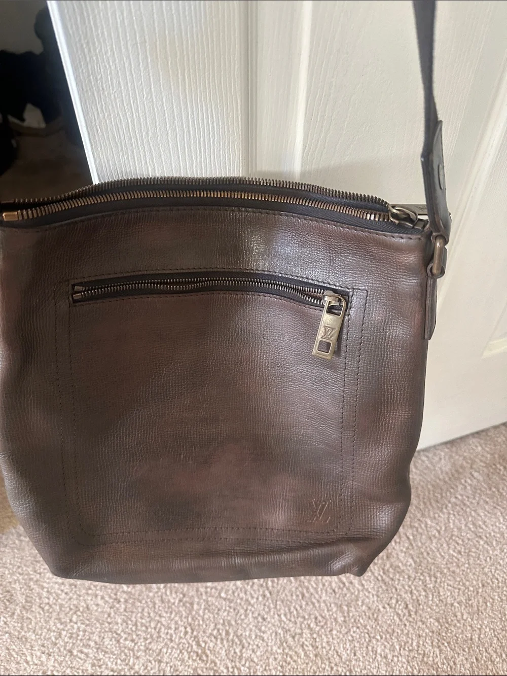 Louis Vuitton Tan Canvas Duffel Bag Interior with Brown Leather Patch